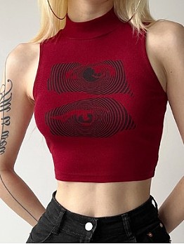 Women Red Printed Sleeveless Cropped Tank Tops 