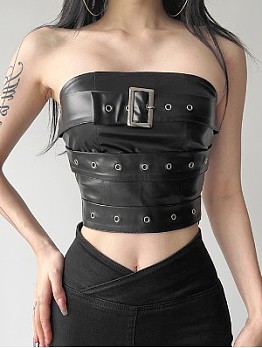 Zip Black PU Leather Strapless Cropped Tank Tops