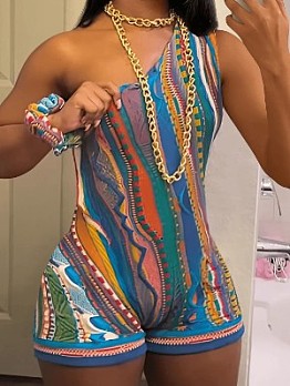 Sexy One Shoulder Printing Romper