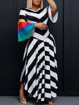  Striped Flared Sleeve Maxi Dress