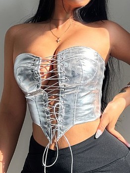  Sexy Lace Up Leather Strapless Crop Tank