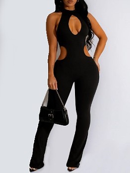  Women's Sexy Hollowed Out Pure Color Jumpsuit