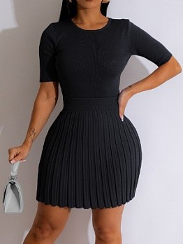  Women's Casual Pleated Pure Color Two-Piece Set