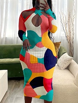 Fashion Colorblock Plus Size Long Sleeve Dress