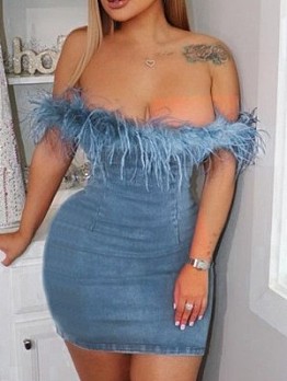 Women's Sexy Denim Feather Patchwork Blue Dress