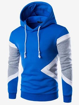 Blue Hooded Patchwork Sweater For Men