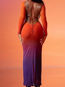  Gradient Color Backless Long Sleeve Slim Maxi Dress