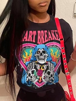 Women's Skull Print Letter T-Shirt