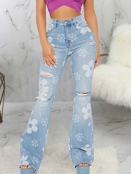 Fashion Flower Printed Ripped Flared Jeans