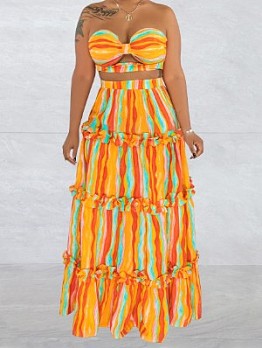  Sleeveless Tube Top Striped Printed Dress Two-piece Set