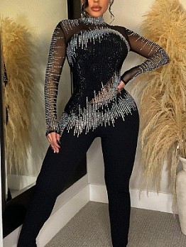 Solid Color Rhinestone Long Sleeve Long Pants Jumpsuit