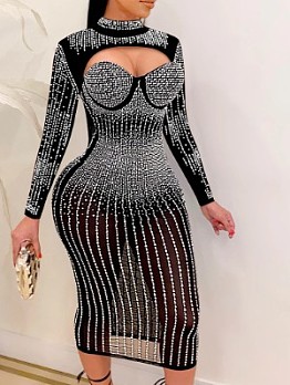 Mesh Perspective Drill Diamond Necklace Dress