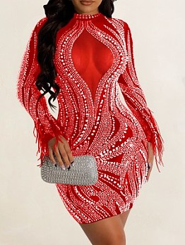 Feather Mesh Perspective Drill Beads Long Sleeve Dress