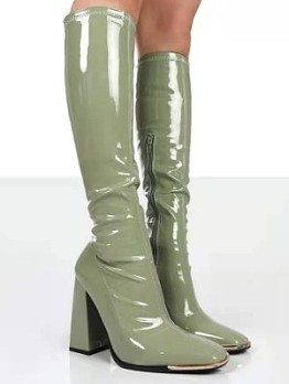 Square Toe Chunky Patent Leather High Heeled Boots