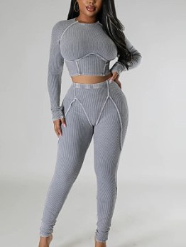 Solid Ribbed Long Sleeve Crew Neck Cropped Pants Set