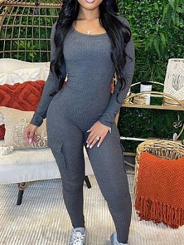 Solid Color Crew Neck Fitted Jumpsuit