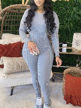 Solid Color Rib Long Sleeve Jumpsuit