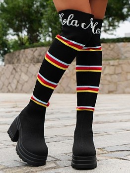 Colorblock Platforms Chunky Heels Knitting  Boots