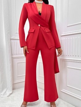 Solid Color Long Sleeve Fitted Suits Pants Sets