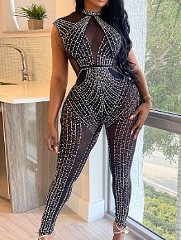Hot Drilling See Through Patchwork Jumpsuit