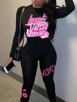 Letter Printed Long Sleeve Fitted Jumpsuit