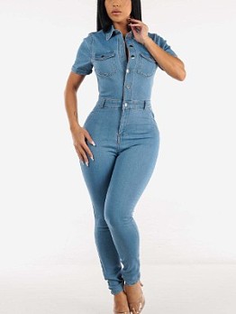 Button Up Denim Fitted Jumpsuit