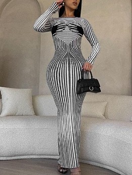 Striped Split Hem Fitted Long Sleeve Dress