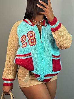 Colorblock Knitting Zipper Pocket Cardigan