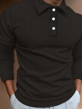 Solid Color Rib Fitted Long Sleeve Polo Shirt
