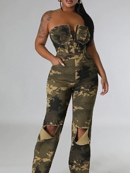 Camouflage Boat Neck Off Shoulder Jumpsuits