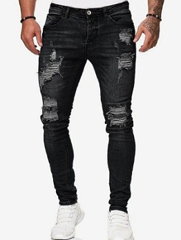 Ripped Washed Denim Mid-rise Jeans