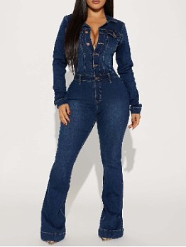 Patchwork Denim Collar Buckle Flare Jumpsuit