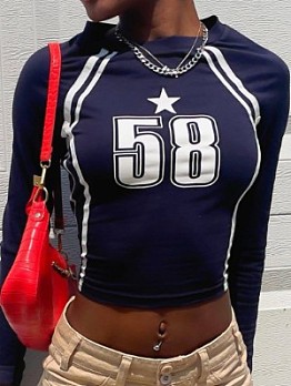 Letter Pattern Long Sleeve Crop Slim Top