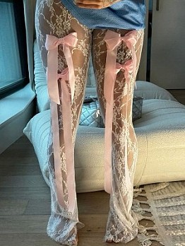 See Through Lace Bow Patchwork Pants