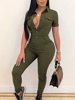 Solid Collar Button Up Fitted Jumpsuit