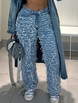 Fringe Fuzzy Trim Denim Low Rise Jeans