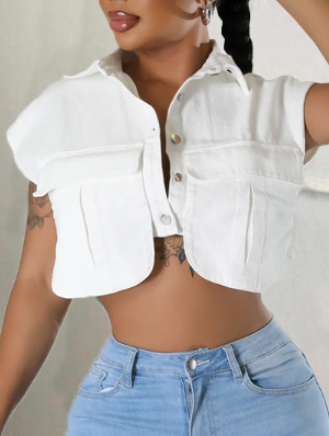 Button Up Cargo Pocket Collar Cropped Tops