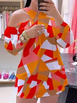 Geometric Printed Wrap Off Shoulder Mini Dress