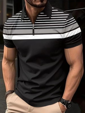 Colorblock Striped Zipper Polo Shirt