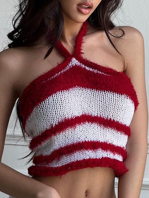 Knitted Colorblock Striped Halter Tanks