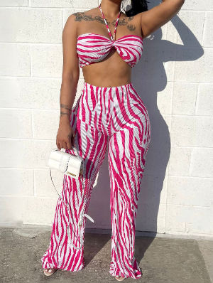 Halter Lace Up Striped Ruched Trouser Sets