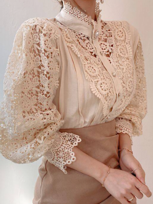 Puff Sleeve Lace Single Breasted Cotton Blouses