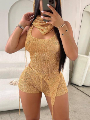 Hollow Out Halter Backless Shorts 3 Piece Sets
