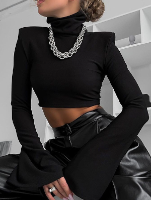 Solid Color Turtleneck Trumpet Sleeve Cropped T-shirts