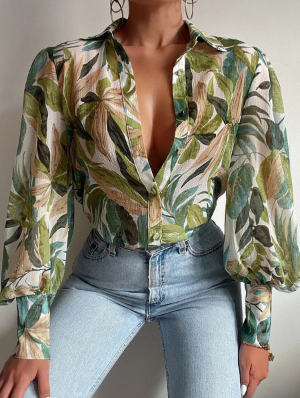 Geometric Pattern Long Sleeve Fitted Blouses