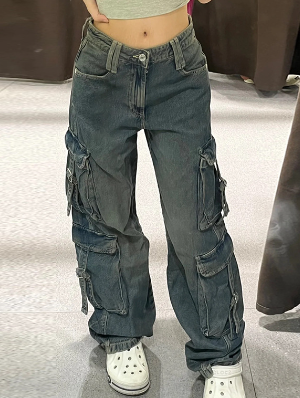 Denim Lace Up Multi Pocket Cargo Jeans