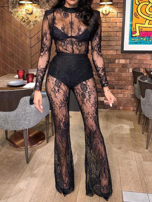Patchwork See Through Lace Flared Jumpsuits