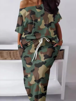 Patchwork Camouflage Loose Skirt Sets