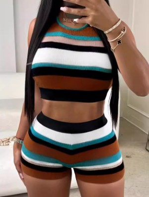 Colorblock Striped Backless Trouser Sets
