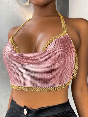 Chain Sequin Backless Cropped Tank Top